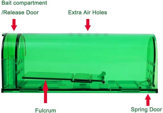 Catch and Release Mouse Trap Features with Air Holes, Bait Compartment, Spring Door
